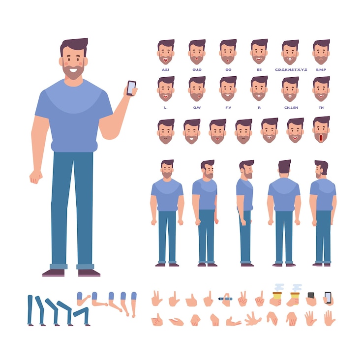 Vector man voor animatie met verschillende kapsels, emoties, lipsynchronisatie en gebaren voorkant achteraanzicht vector