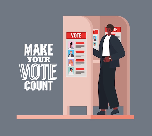 Man at voting booth with make your vote count text design, elections day theme.
