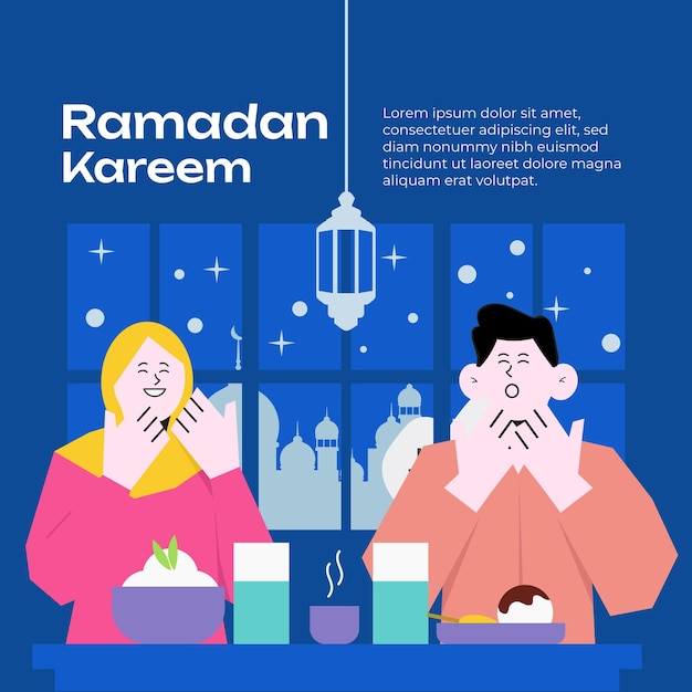 Man vrouw bidden vasten eten Ramadan vlakke afbeelding