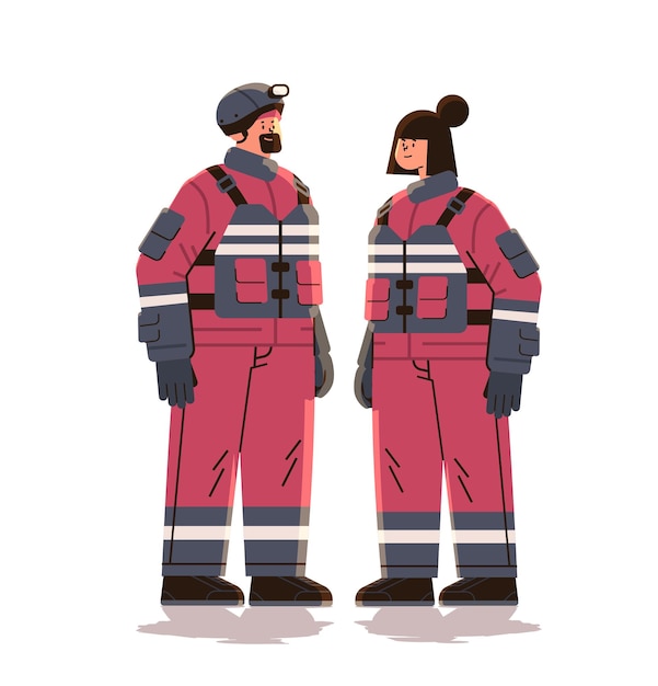 man vrouw brandweerlieden in uniforme hulpdienst gelukkige dag van de arbeid viering concept verticale volledige lengte vectorillustratie