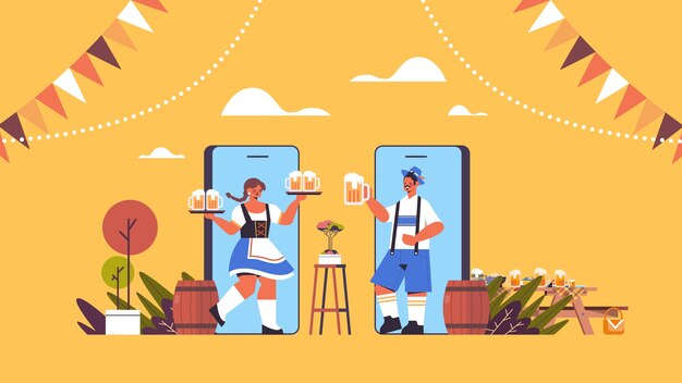 Man vrouw in smartphoneschermen met bierpullen oktoberfest-feest