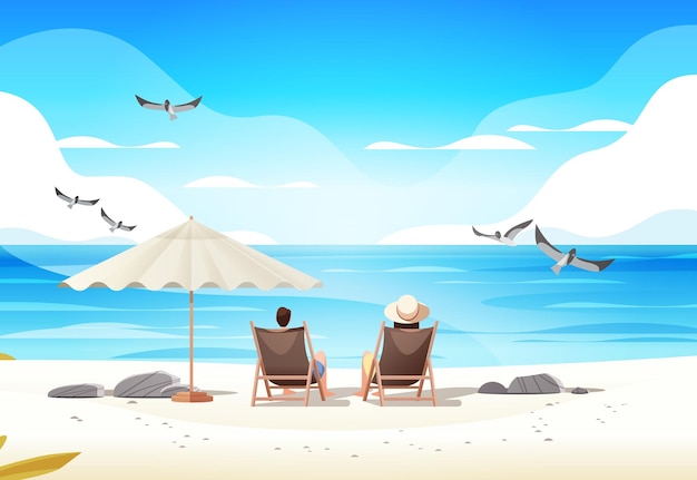 Vector man vrouw paar samen zitten onder paraplu op tropisch strand zomervakantie tijd om concept horizontale vectorillustratie te reizen