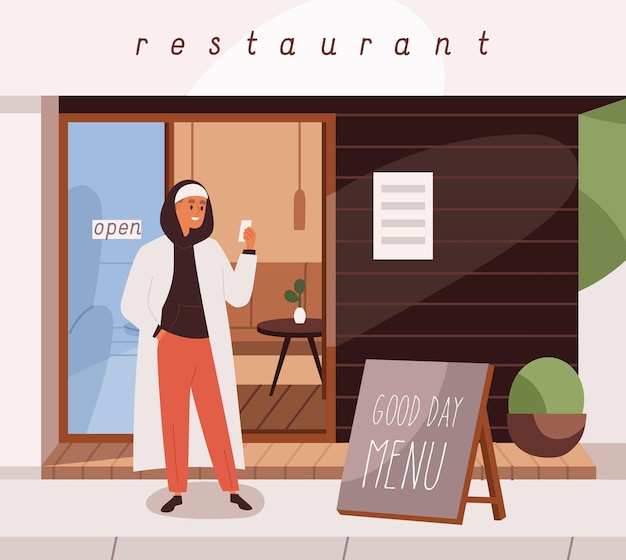 Vector man waiting outside of restaurant. person standing alone with mobile phone in hand near cafe. guy with smartphone in city street outdoors. young male in downtown. flat vector illustration.