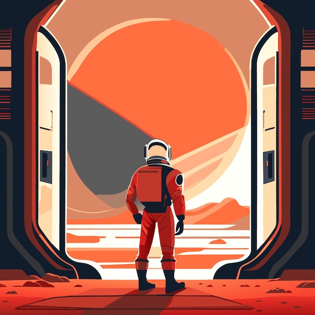 Vector man waiting for space ship at mars at door vector illustration flat