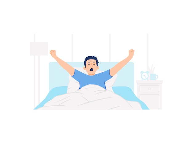 Vector man waking up in bed and stretching his arms concept illustration