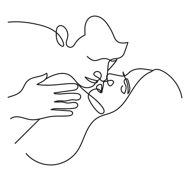 Vector man waking up woman in morning and showing intimacy times in minimal one line art drawing