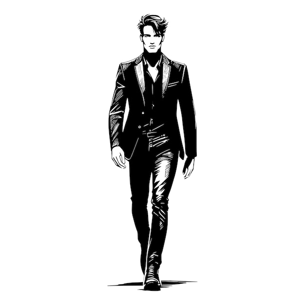 Человек, идущий по подиуму в черно-белом стиле комиксов