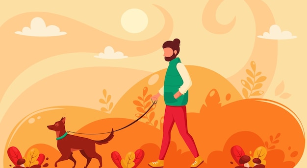 Человек гуляет с собакой в осеннем пейзаже