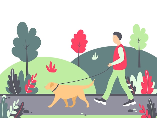 公園で犬を散歩している男性とゴールデンレトリバーのベクトルイラスト