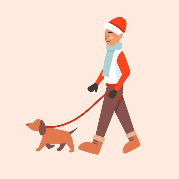 A man walking a dog during the winter season and wearing warm outfit and winter boots