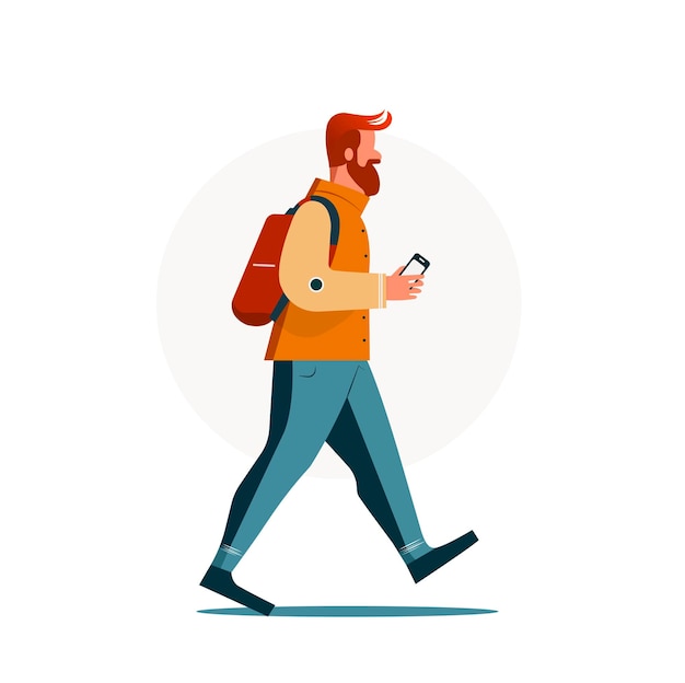 Vector a man walking having smartphone in hand