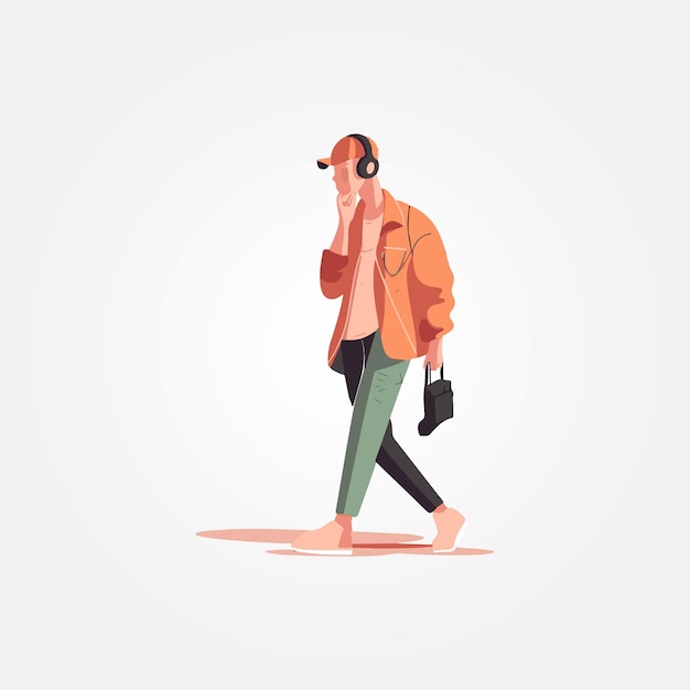 Vector man walking listening to music in headphones vector illustration