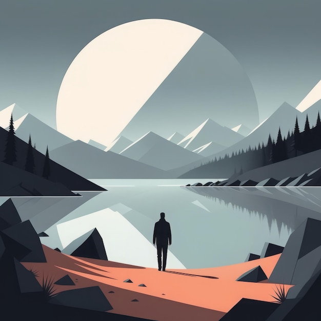 Vector man walking in mountains with lake and trees vector illustration man walking in mountains wit