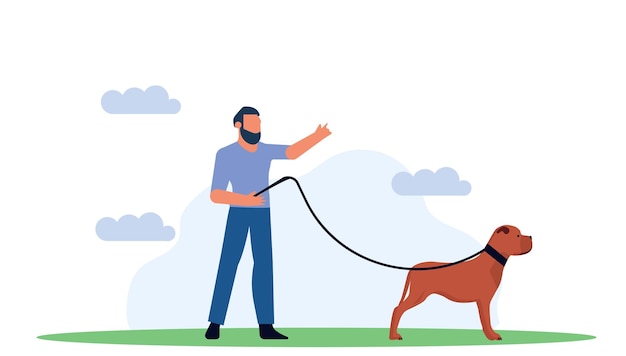 Человек гуляет в парке с векторной иллюстрацией собаки