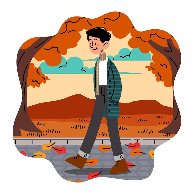 Vector man walking on a sidewalk full of fallen leaves vector illustration