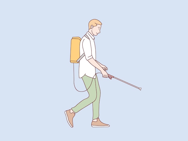 Man walking and spraying a sanitizer disinfectant simple korean style illustration