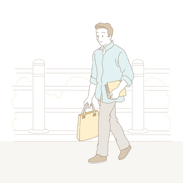 Man walking on the street and carrying a book in line style