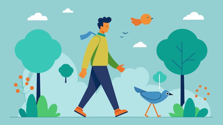 Vector a man walking through a park greeted by a chorus of birdsong that he can now understand thanks to a