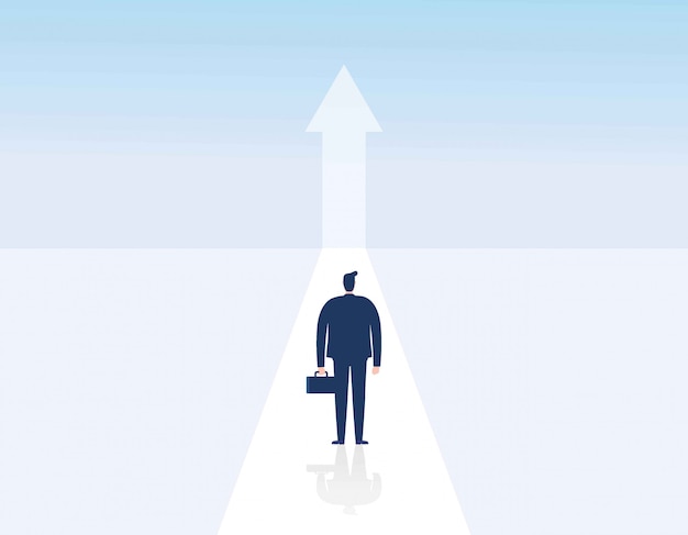 Man walking towards upwards arrow.