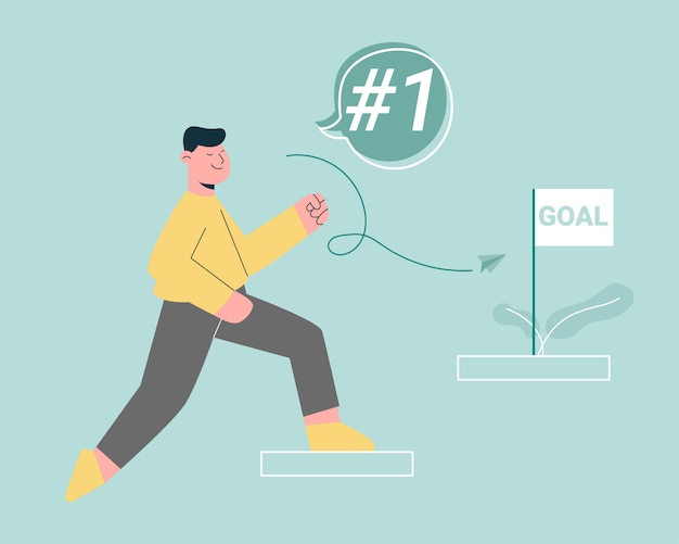 Vector man walking up stair to goal concept