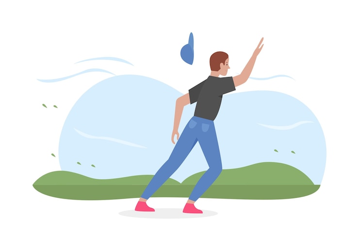 Vector man walking in windy weather cap flying away from strong wind