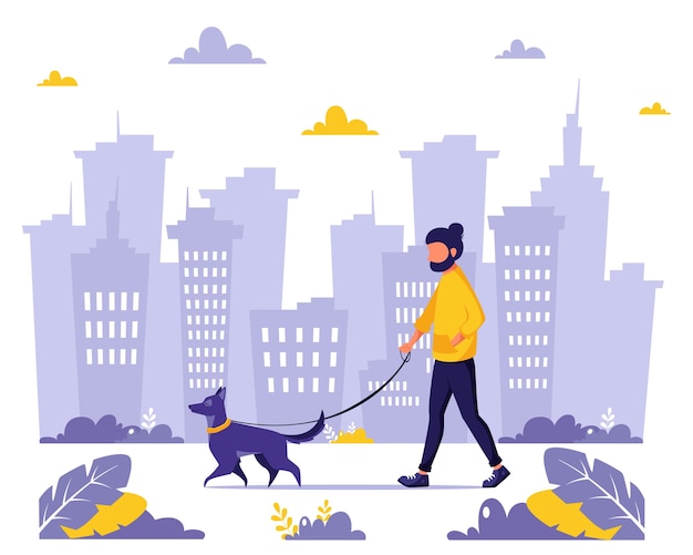 Вектор Человек гуляет с собакой в городе