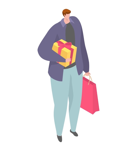 Man walking with gifts and shopping bags male shopper with presents and store purchases gift