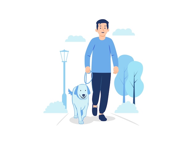 Uomo che cammina con il suo cane in un'illustrazione di concetto di parco urbano