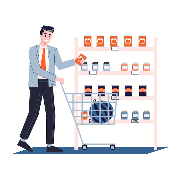슈퍼마켓에서 쇼핑 바구니와 함께 산책하는 남자. 가게에서 음식을 캐릭터. 삽화