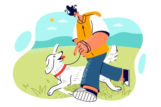 Vector man walks dog in park leading pet on leash and enjoying warm weather and sunny day