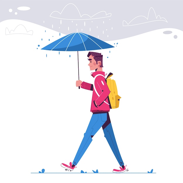 Man walks on rainy day