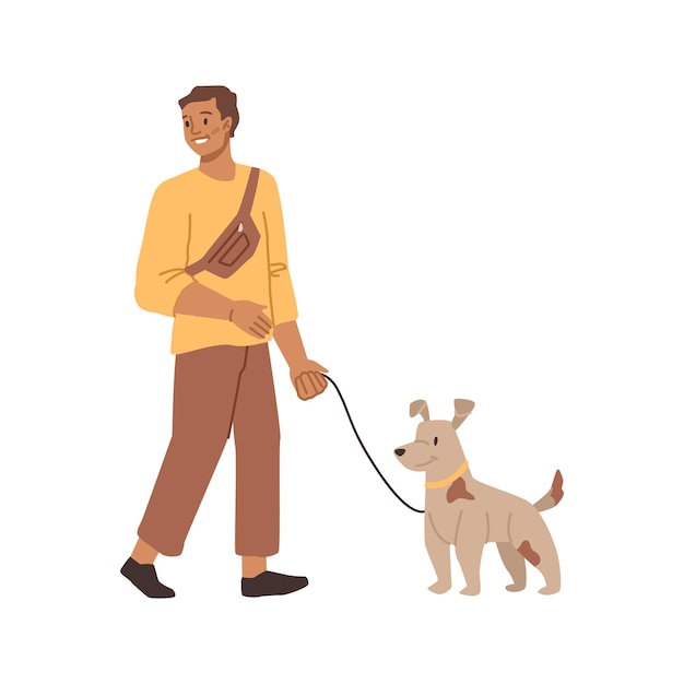 Man walks with dog cute animal and pet owner