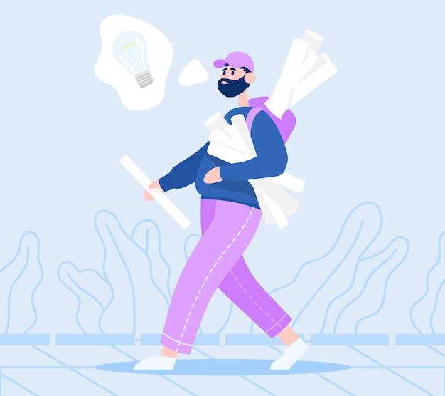 Vector man walks with rolls of paper and thinks about his startup investor chooses right idea