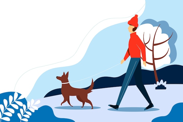 Man wandelen met de hond in het park in de winter. Leuke vectorillustratie in vlakke stijl.