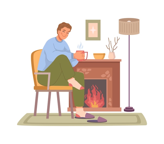 Man in warm cloth drinking coffee at fireplace flat cartoon character has rest at home in winter Person resting on chair with hot drink Vector man near fire in room lamp and carpet