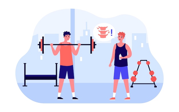 Vector man warning bodybuilder about back protection during gym workout. back pain in people due to exercise flat vector illustration. sport injury concept for banner, website design or landing web page