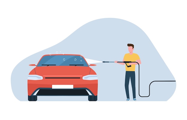 A man washes a car in a selfservice car wash Vector illustration