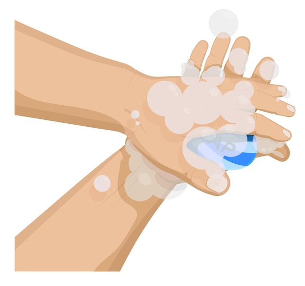 Man washes his hands palms with soap Compliance with hygiene precautionary measures during a pandemic and in everyday life Cartoon vector on white background