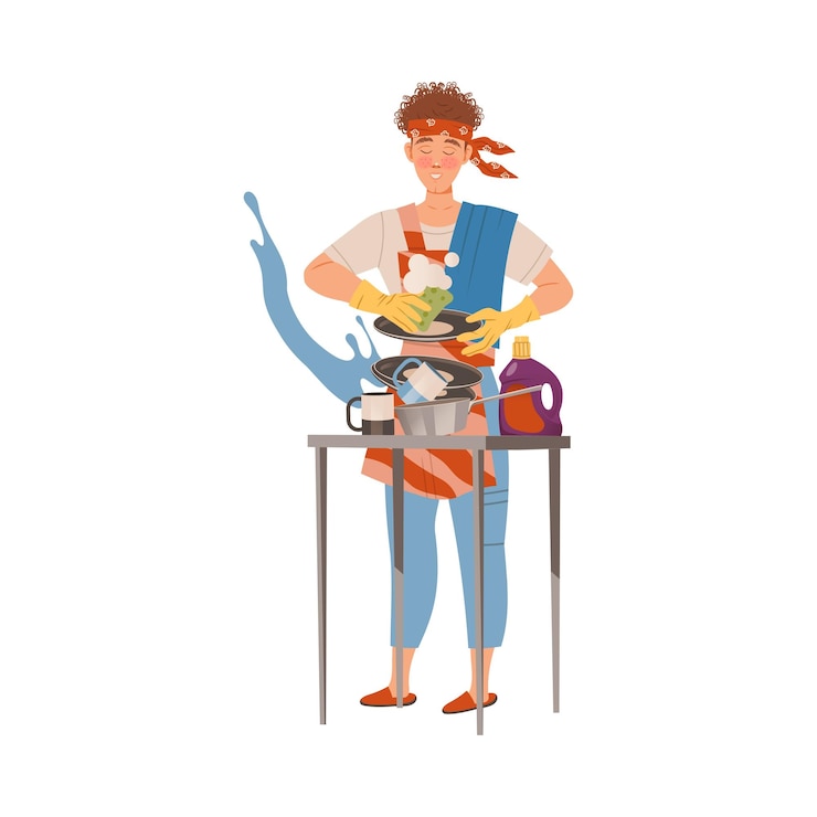 Vector man washing dishes at kitchen househusband doing daily routine cartoon vector illustration