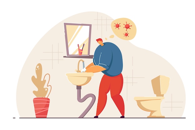 トイレで手を洗う男。ウイルスフラットベクトルイラストを取得することを考えている男性の漫画のキャラクター。手指衛生、バナー、ウェブサイトのデザインまたはランディングウェブページのコロナウイルス予防の概念