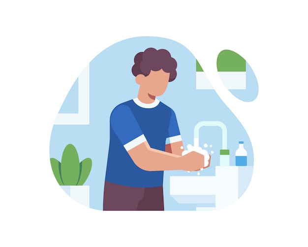 Vector a man washing his hands in the sink using soap to prevent transmission of the coronavirus