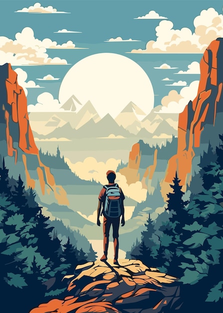 男は自然の山の風景ポスターを見ます自然を発見し探索する旅行のコンセプト