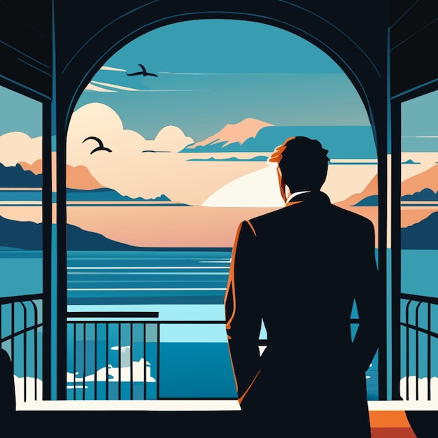 Uomo che guarda l'illustrazione vettoriale vista mare