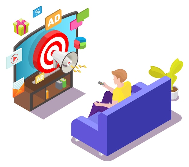 Man watching targeted tv ads vector isometric illustration addressable tv advertising technologies t...