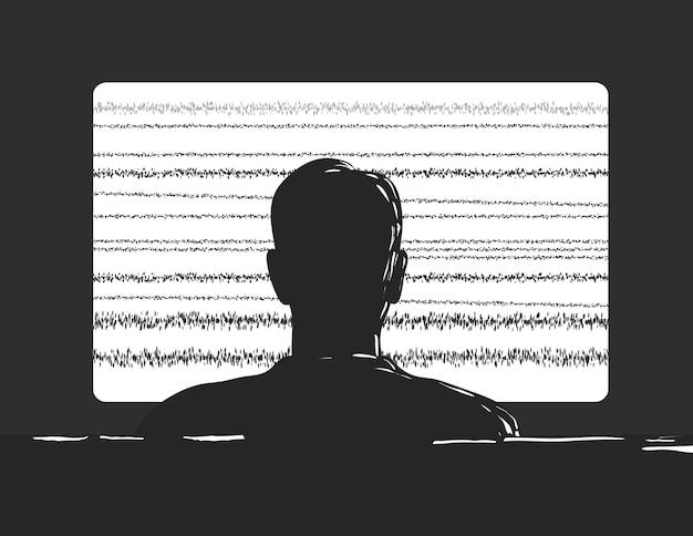 Man Watching TV Set Glitching Sitting on Couch Rear View Retro