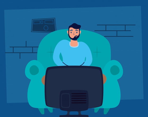 Vector man watching tv stay at home campaign