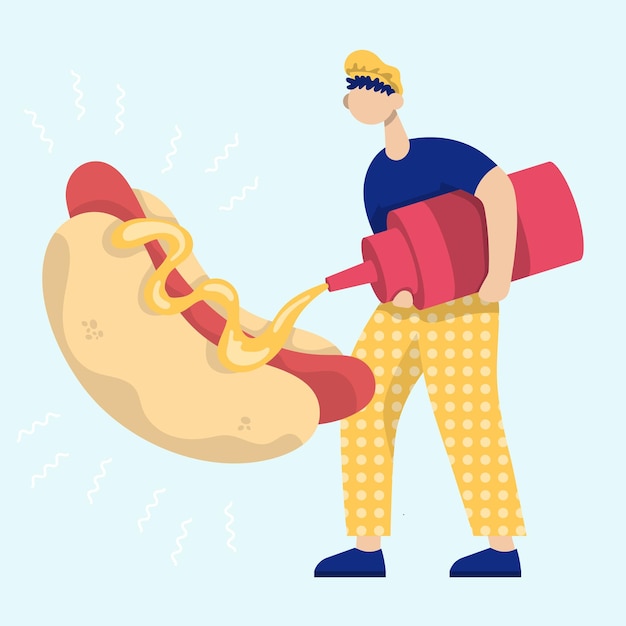 Man watering mustard into a hot dog. color vector flat cartoon icon. concept for fastfood