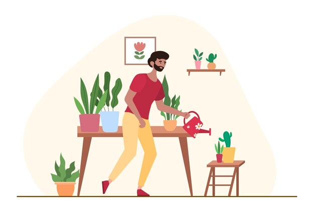 Vector man watering plants human takes care of his flowers beauty in house flora red watering can apartment