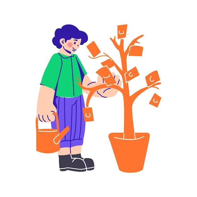 Vector man watering a tree with money