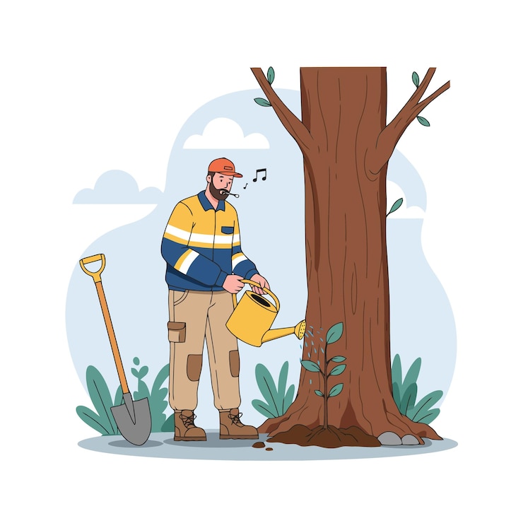 Vector man watering young tree seedling with watering can outdoors illustration